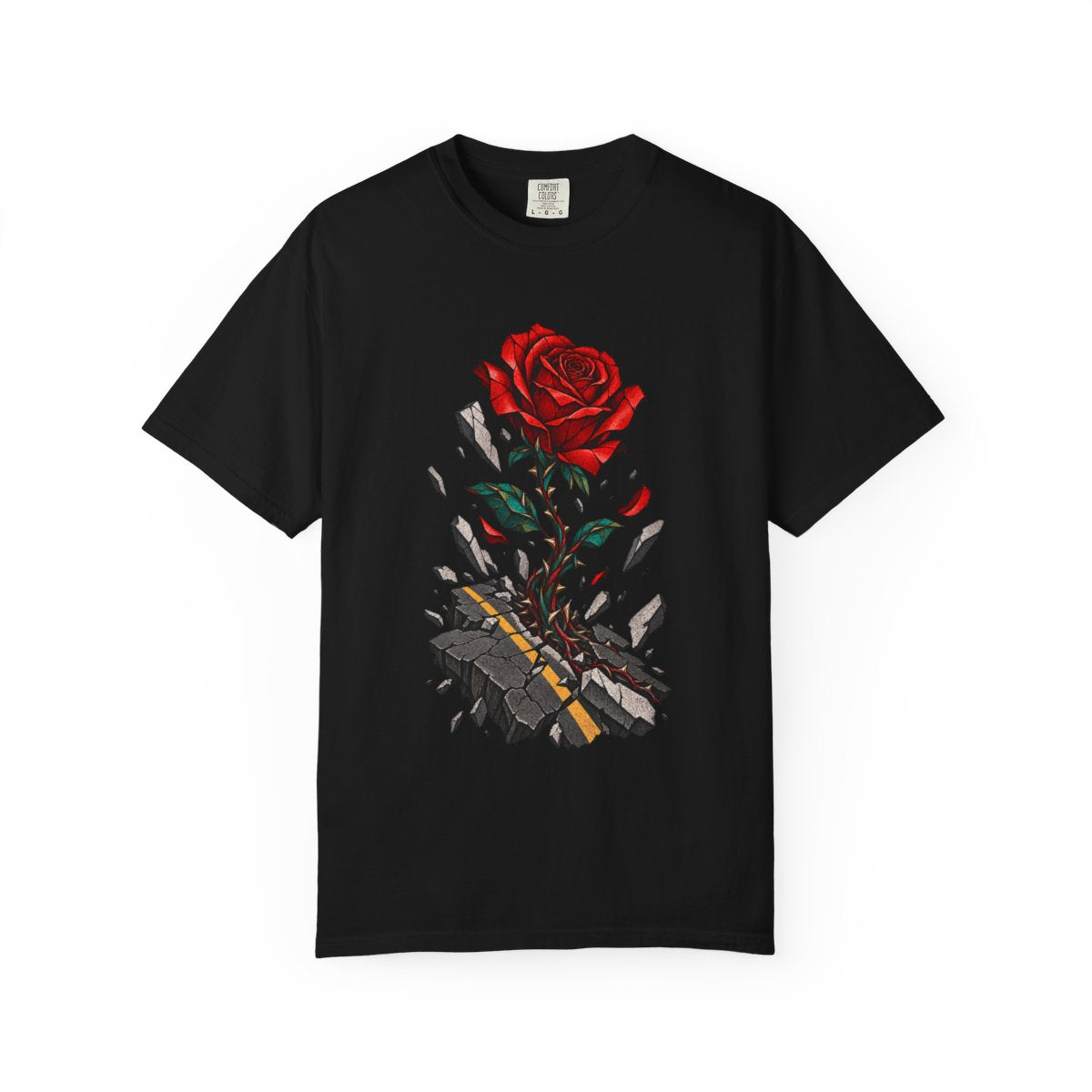 Rose Wreck Tee large front print on a Black Comfort Colors 1717 tee