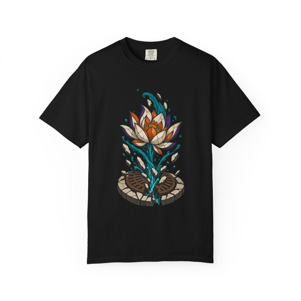 Street Lotus Tee large front print on a Black Comfort Colors 1717 tee