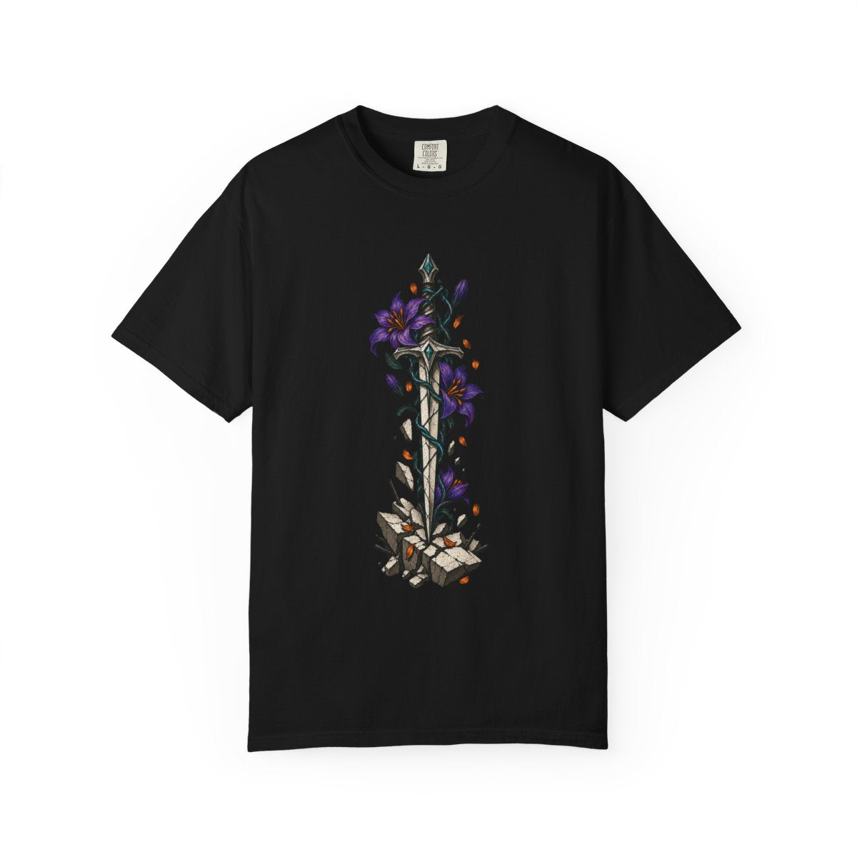 Violet Blade Tee large front print on a Black Comfort Colors 1717 tee