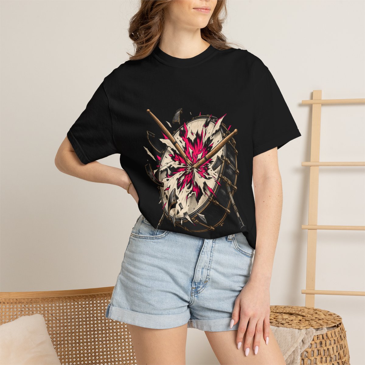 Break the Beat Tee worn Printify context view on a Black Comfort Colors 1717 tee