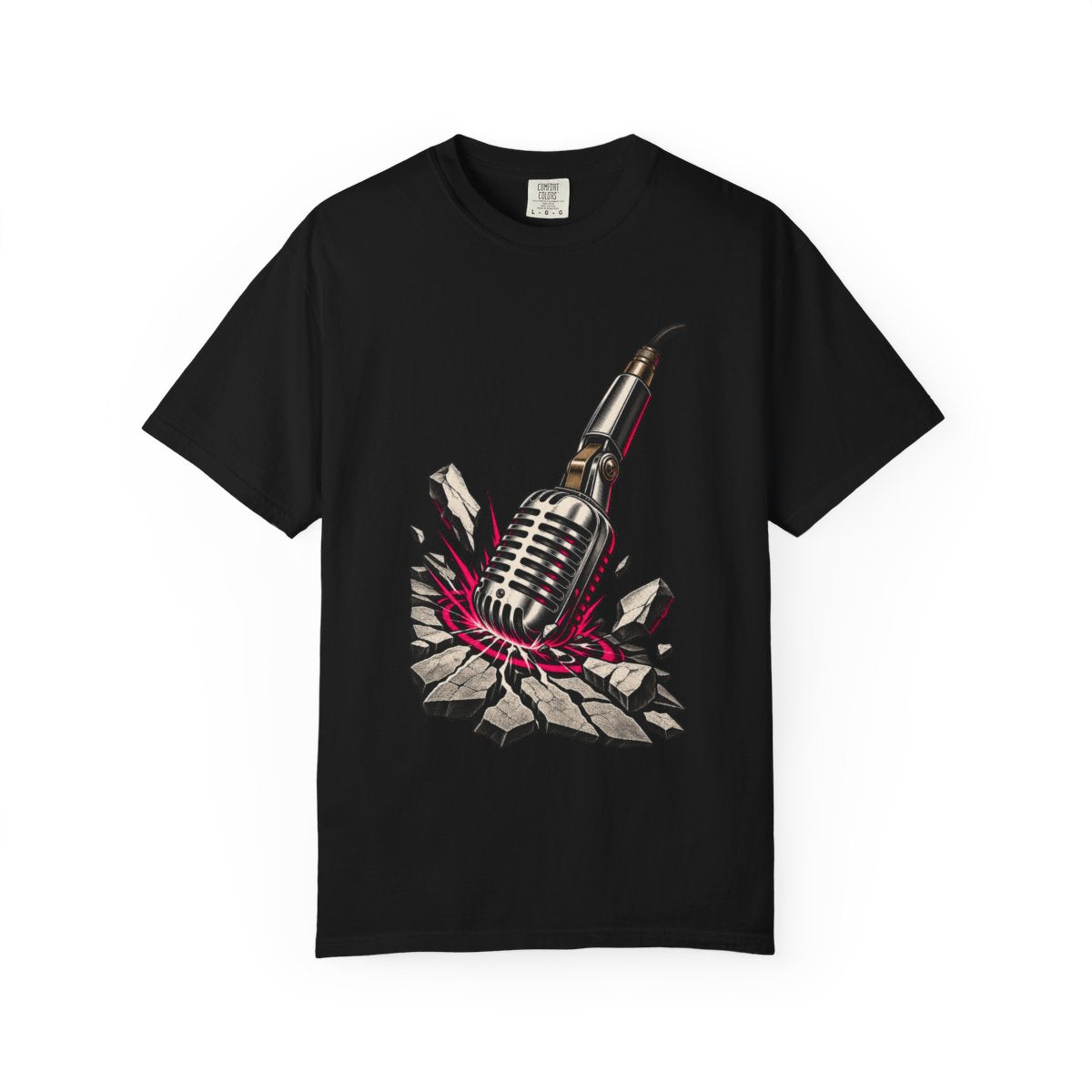 Mic Drop Tee large front print on a Black Comfort Colors 1717 tee