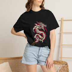The Brass Dragon Tee worn Printify context view on a Black Comfort Colors 1717 tee