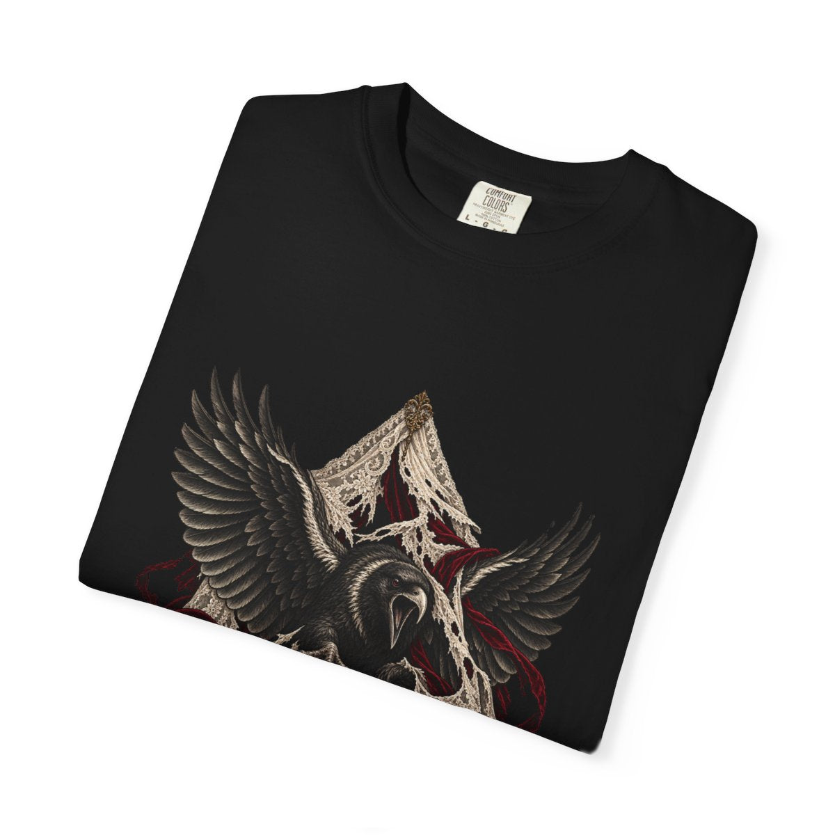 Raven Unveiled Tee folded front print detail