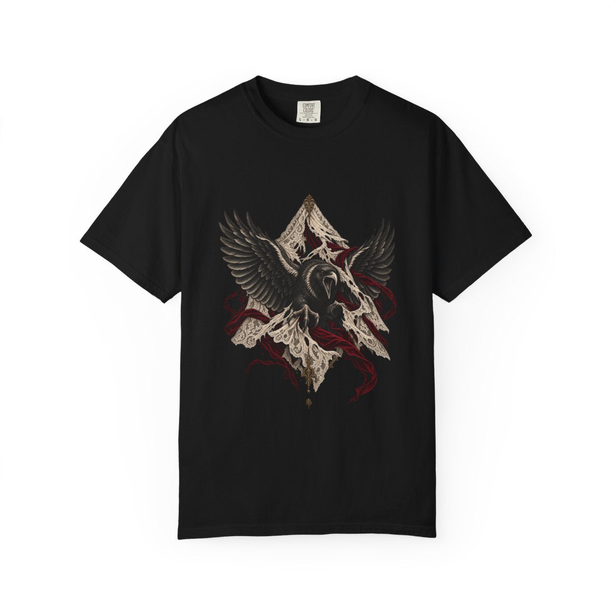 Raven Unveiled Tee large front print on a Black Comfort Colors 1717 tee