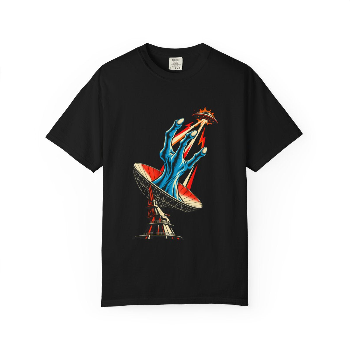 Alien Signal Tee large front print on a Black Comfort Colors 1717 tee