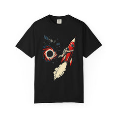 Black Hole Escape Tee large front print on a Black Comfort Colors 1717 tee