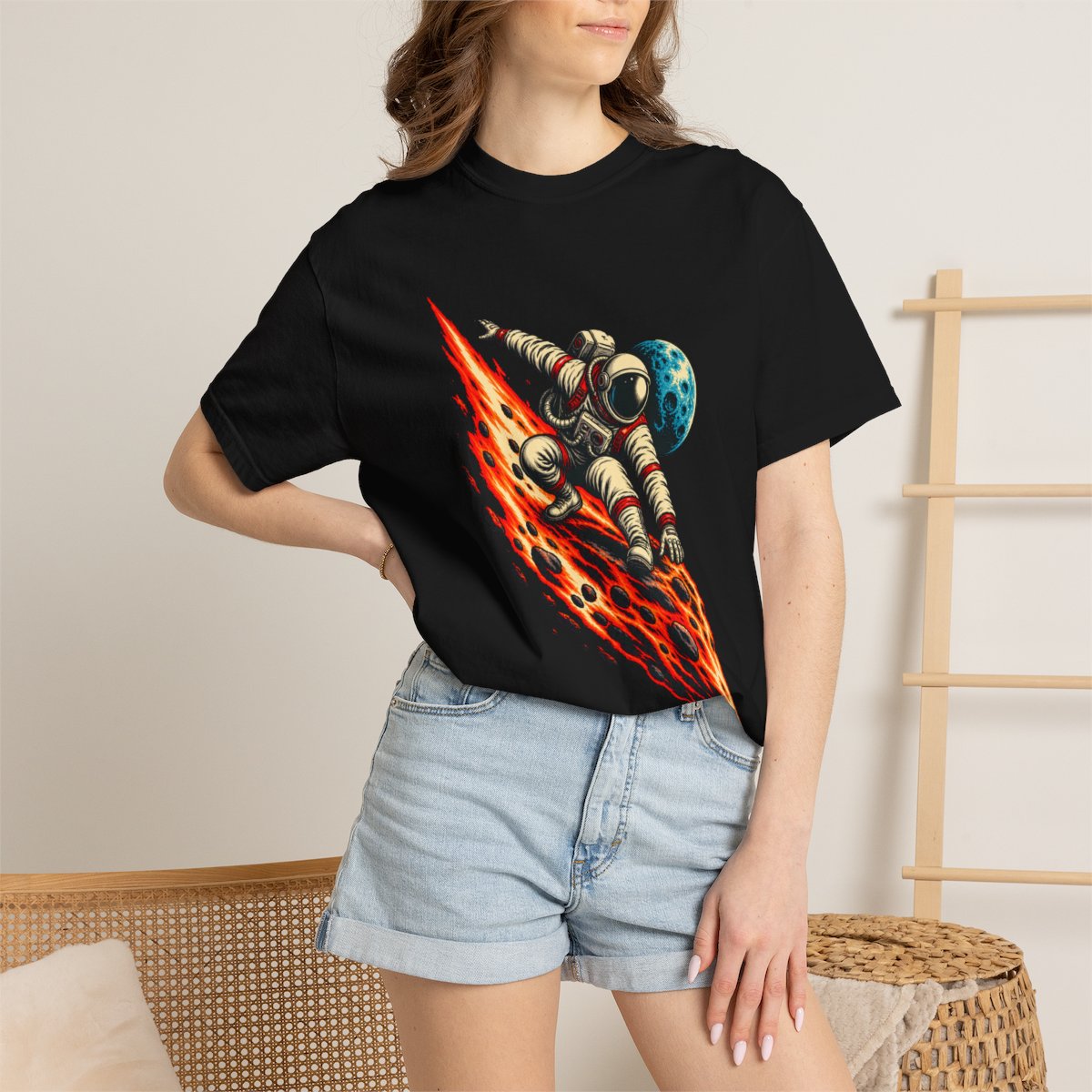 Comet Surfer Tee worn Printify context view on a Black Comfort Colors 1717 tee