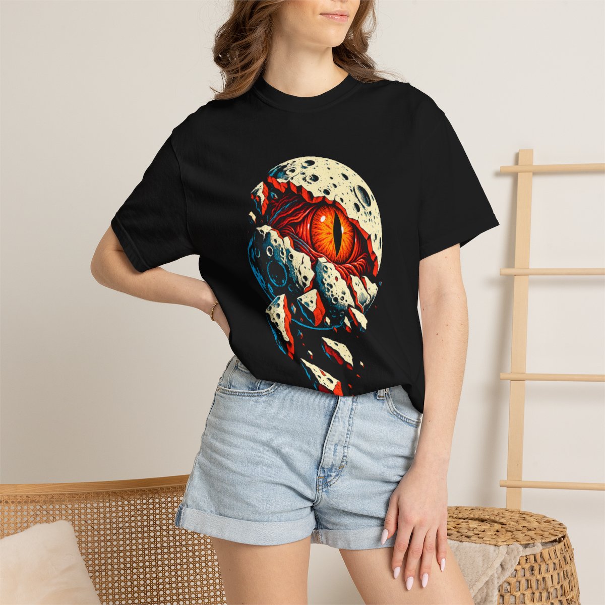 Moon Hatch Tee worn Printify context view on a Black Comfort Colors 1717 tee