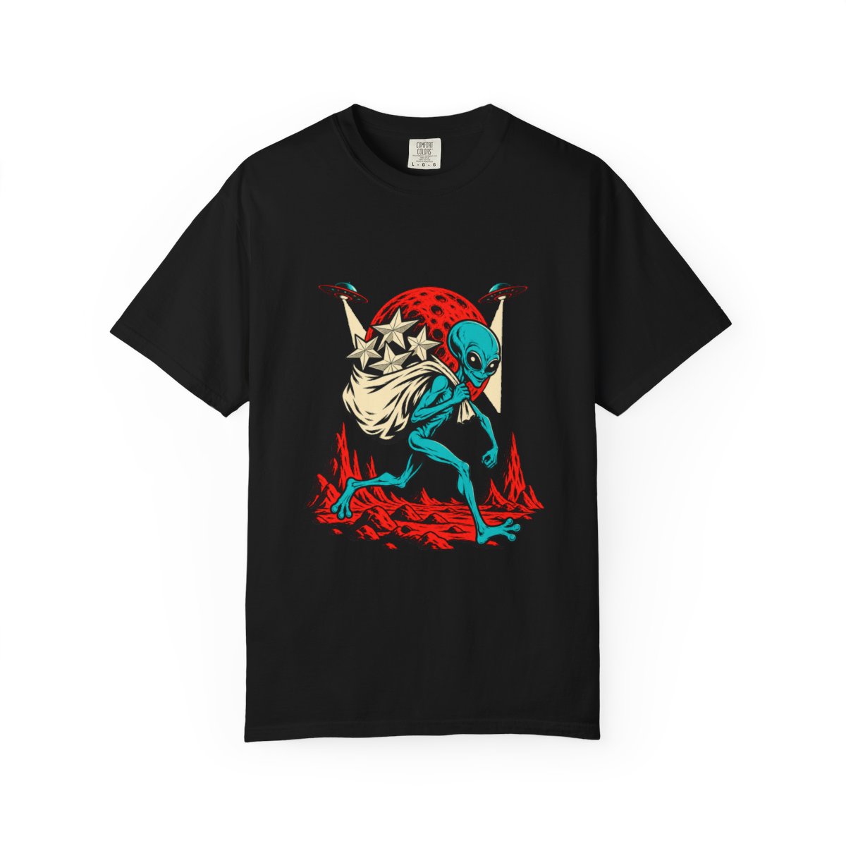 Star Thief Tee large front print on a Black Comfort Colors 1717 tee
