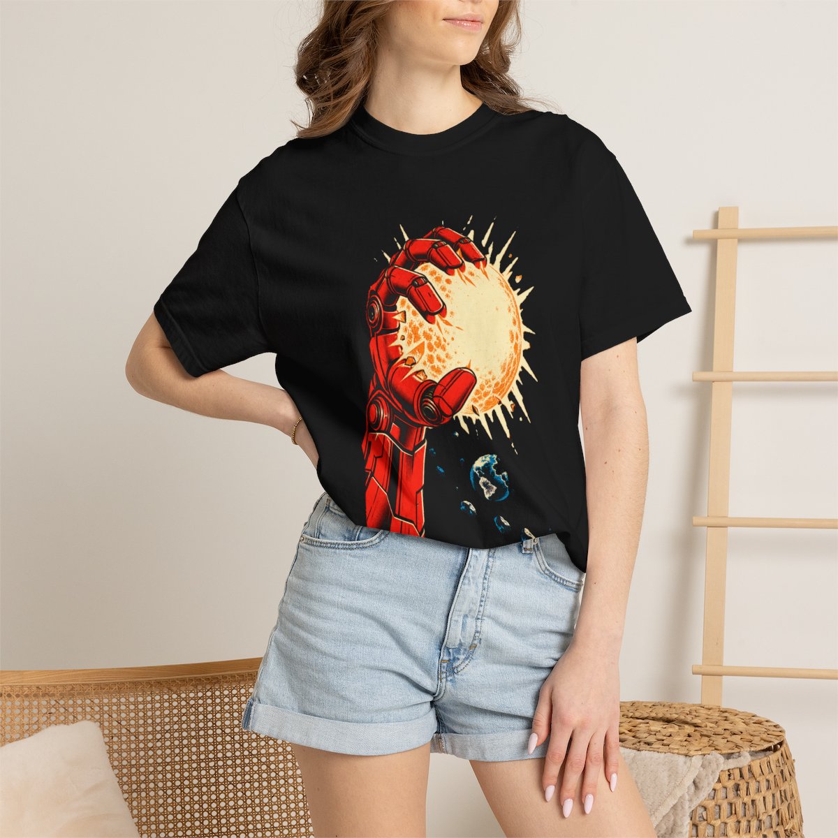 Sun Snatcher Tee worn Printify context view on a Black Comfort Colors 1717 tee