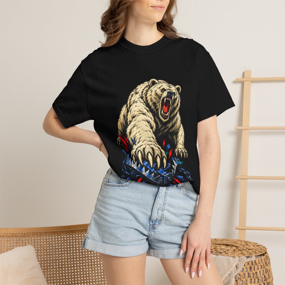 Bear Trap Tee worn Printify context view on a Black Comfort Colors 1717 tee