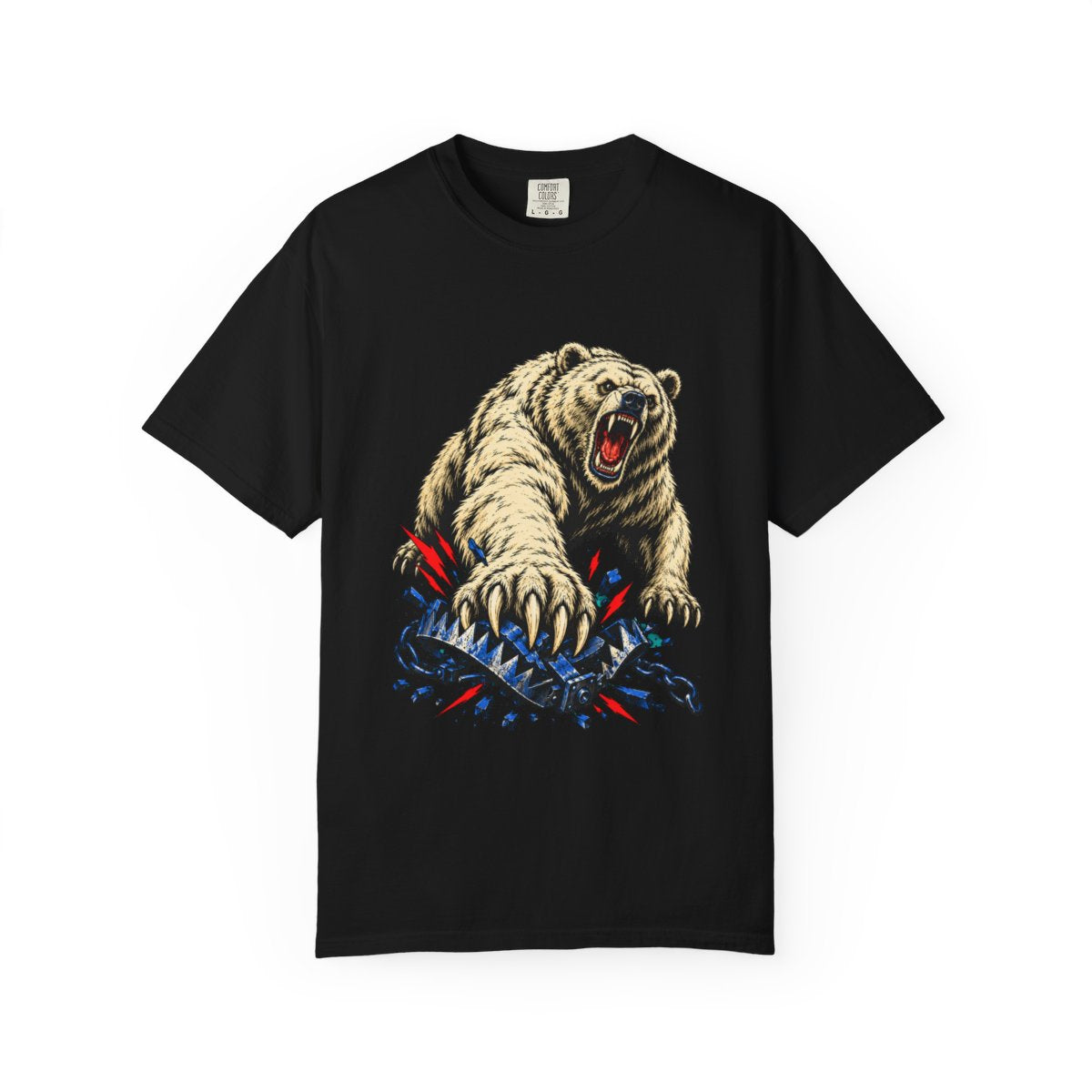 Bear Trap Tee large front print on a Black Comfort Colors 1717 tee