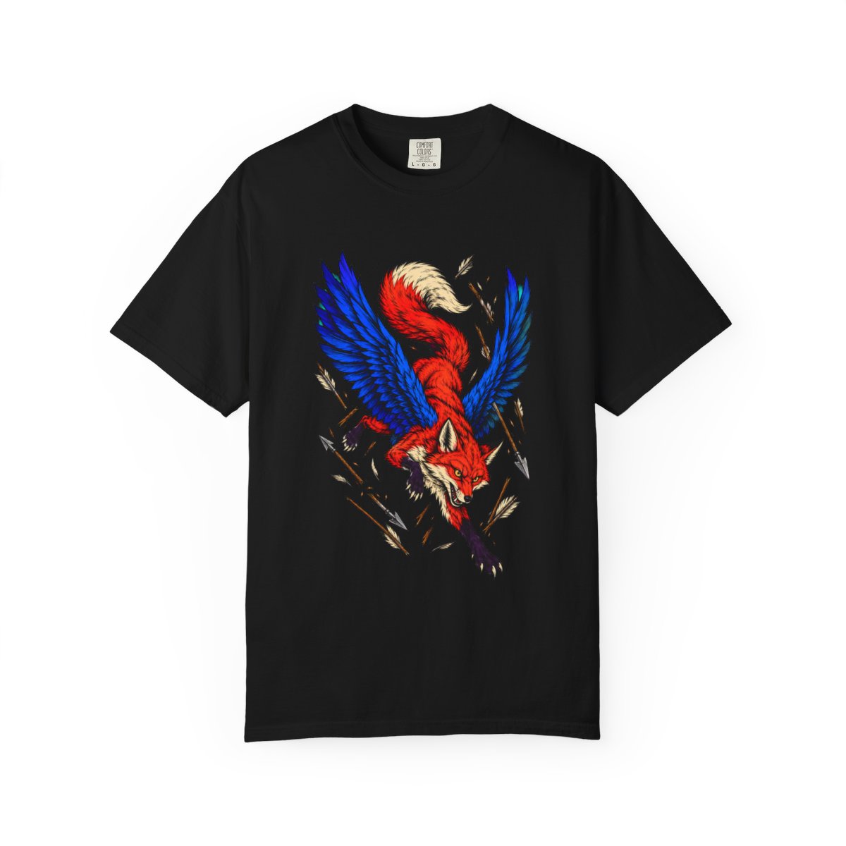 Fox in Flight Tee large front print on a Black Comfort Colors 1717 tee