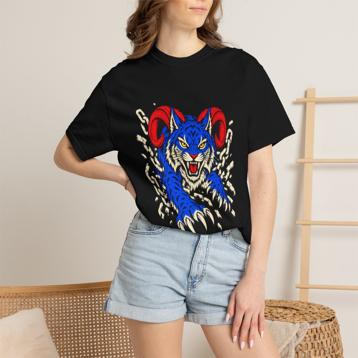 Horned Lynx Tee worn Printify context view on a Black Comfort Colors 1717 tee