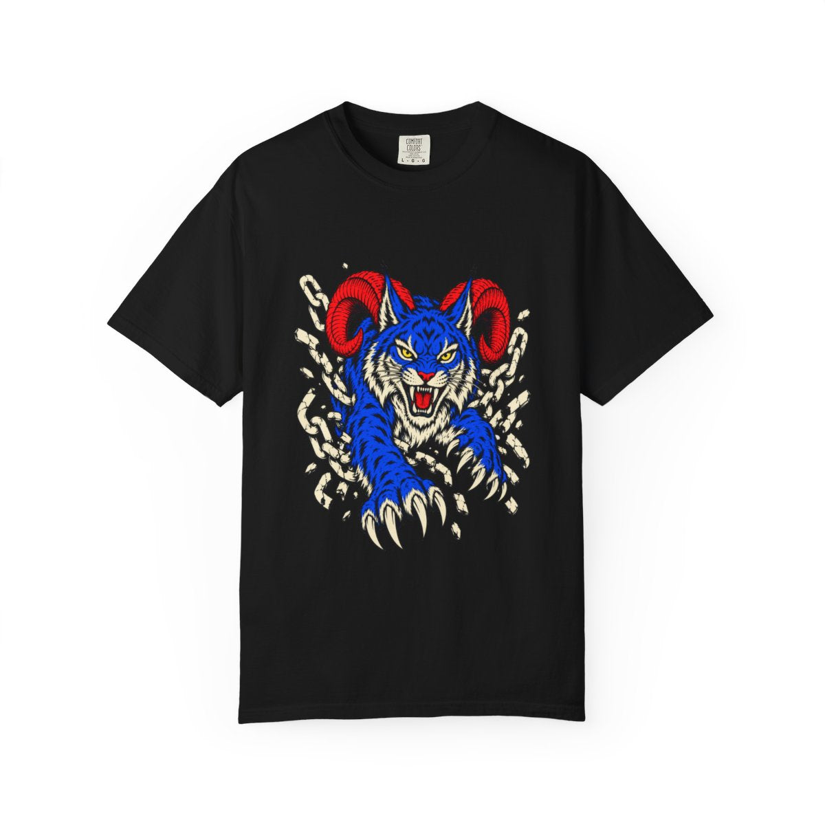 Horned Lynx Tee large front print on a Black Comfort Colors 1717 tee