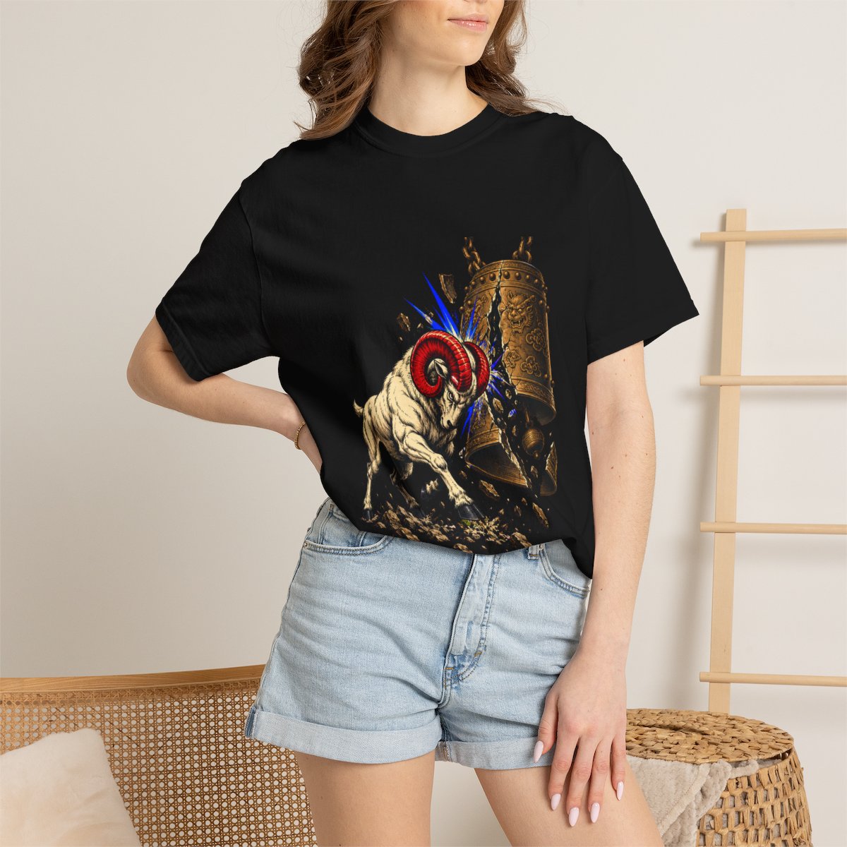 Ram Strike Tee worn Printify context view on a Black Comfort Colors 1717 tee
