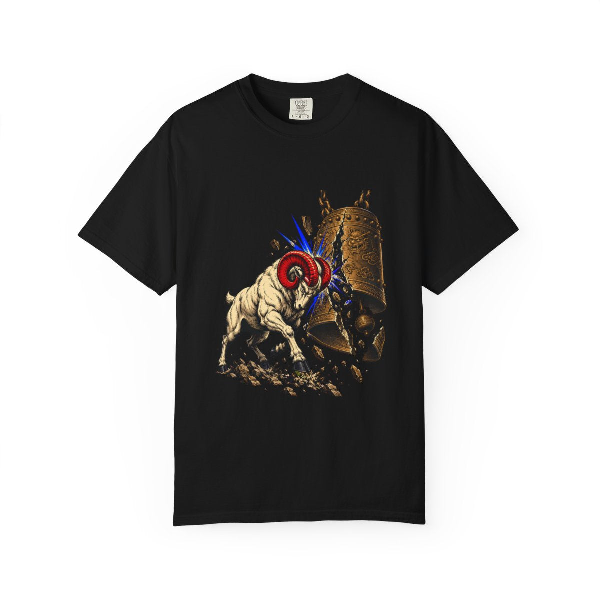 Ram Strike Tee large front print on a Black Comfort Colors 1717 tee