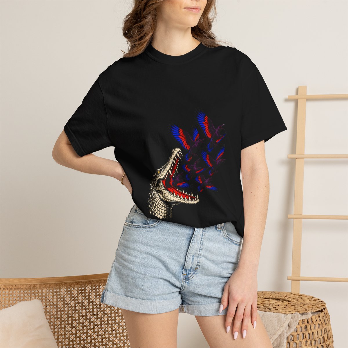 Raven Jaws Tee worn Printify context view on a Black Comfort Colors 1717 tee