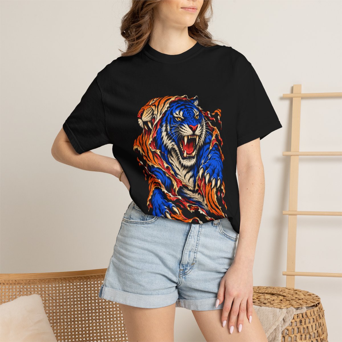 Tiger Unmasked Tee worn Printify context view on a Black Comfort Colors 1717 tee