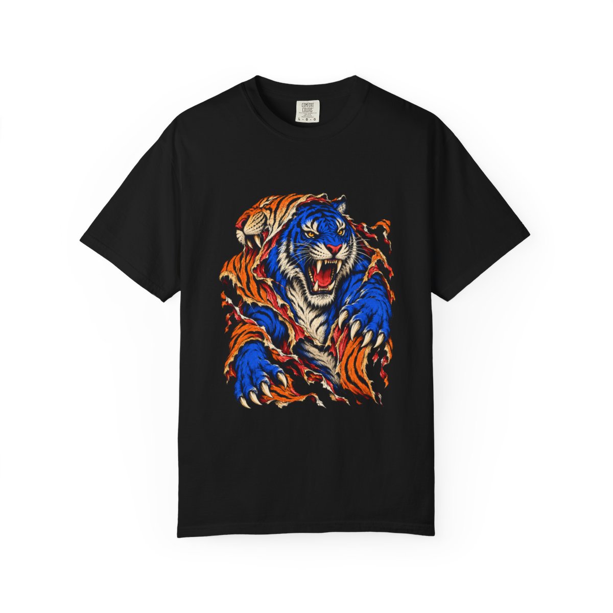 Tiger Unmasked Tee large front print on a Black Comfort Colors 1717 tee