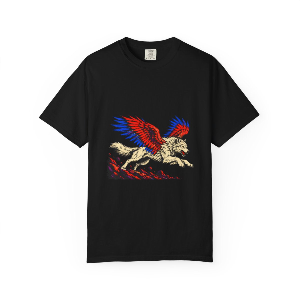 Winged Wolf Tee large front print on a Black Comfort Colors 1717 tee