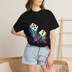 Dice Crash Tee worn Printify context view on a Black Comfort Colors 1717 tee