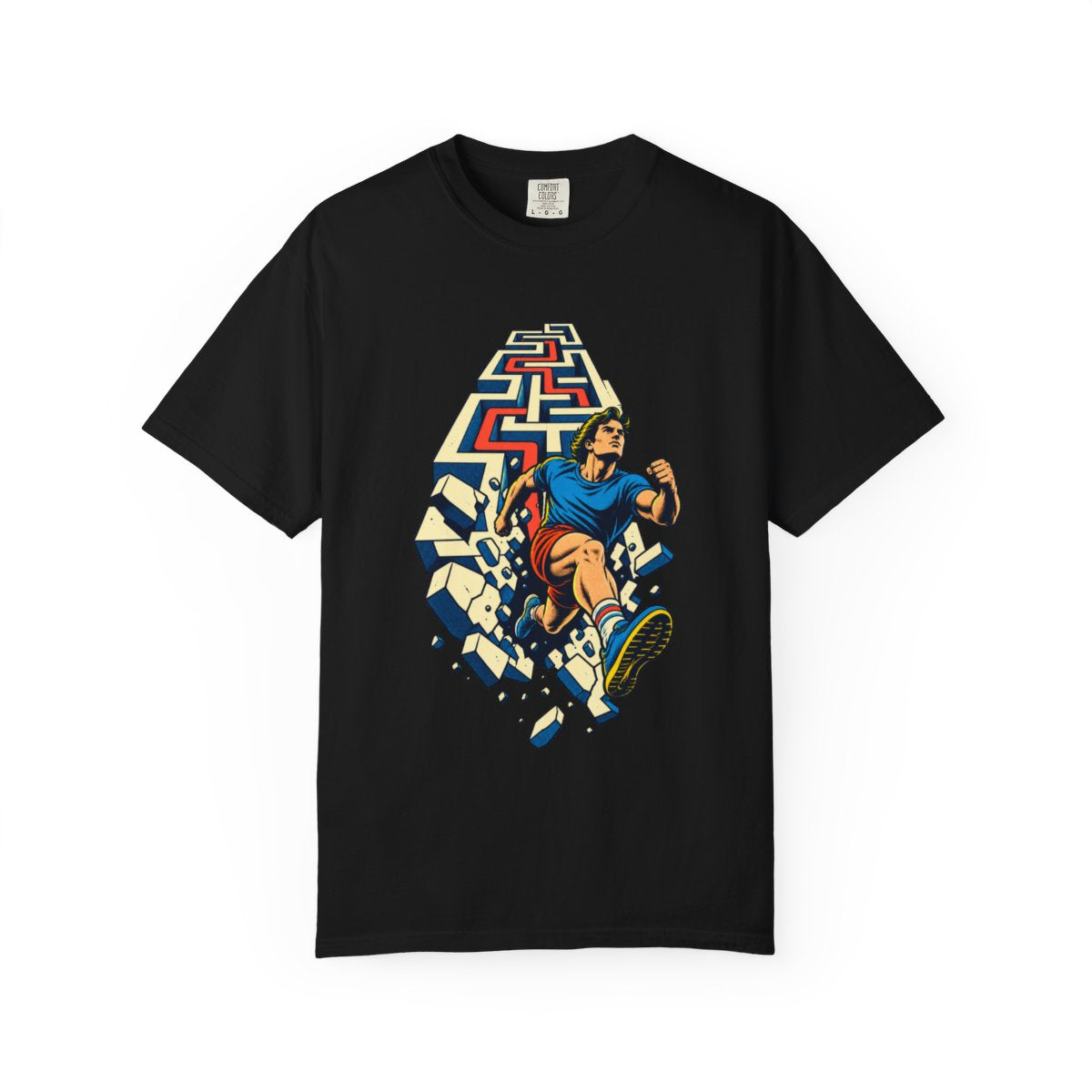 Maze Break Tee large front print on a Black Comfort Colors 1717 tee