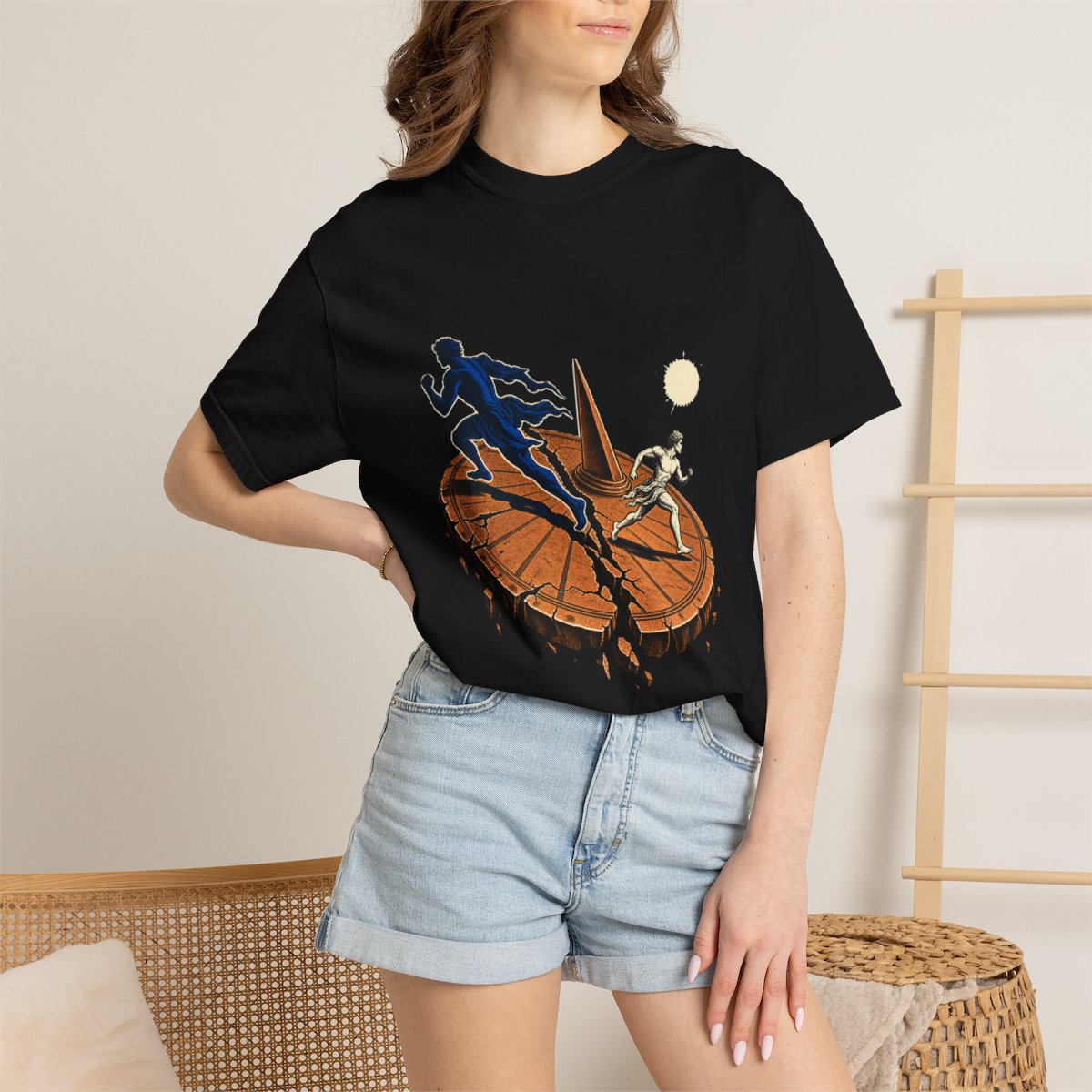 Backward Shadow Tee worn Printify context view on a Black Comfort Colors 1717 tee