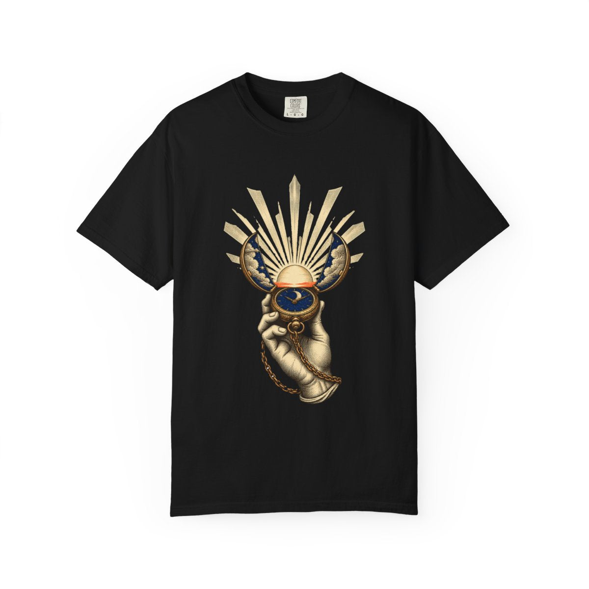 Daybreak Dial Tee large front print on a Black Comfort Colors 1717 tee