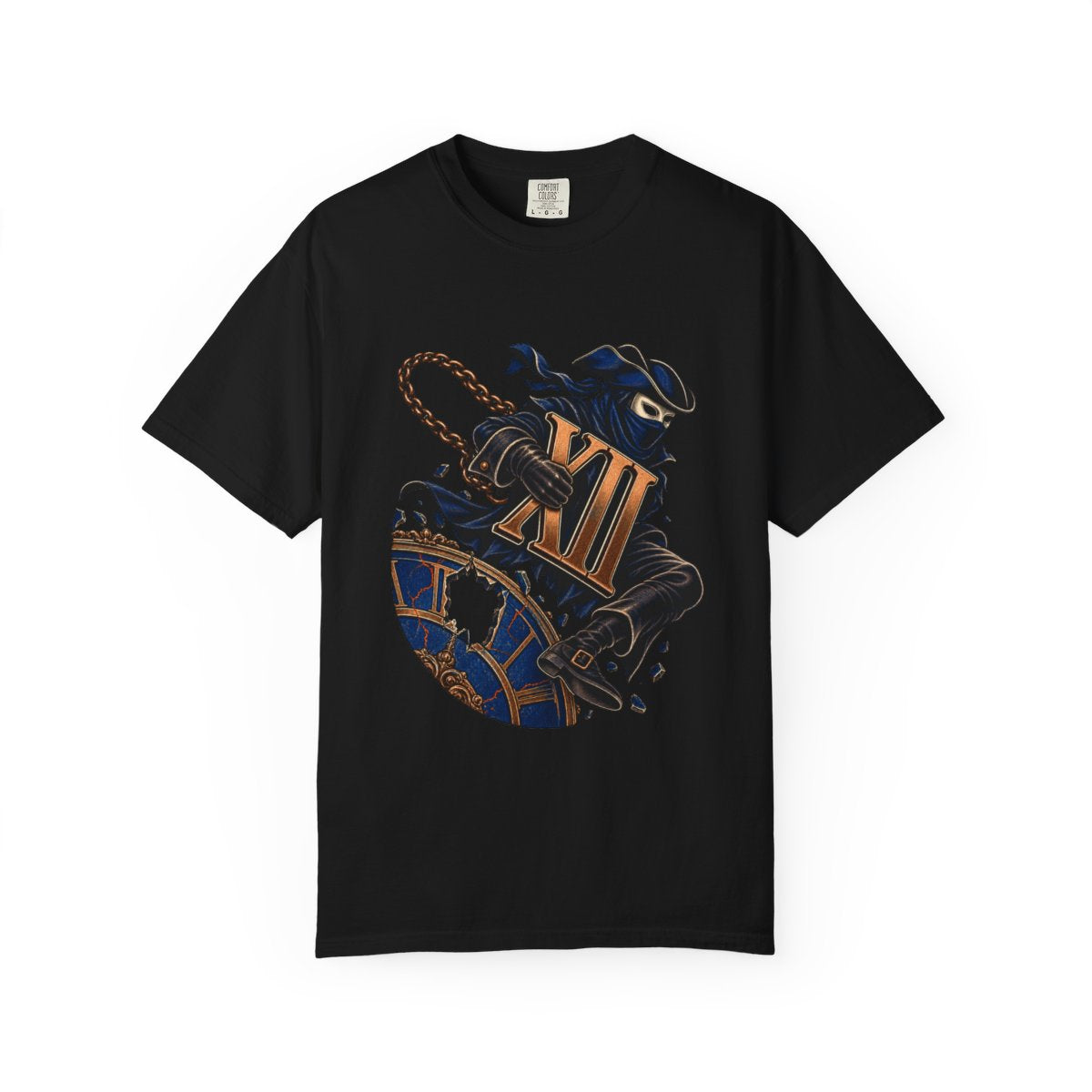 Hour Heist Tee large front print on a Black Comfort Colors 1717 tee