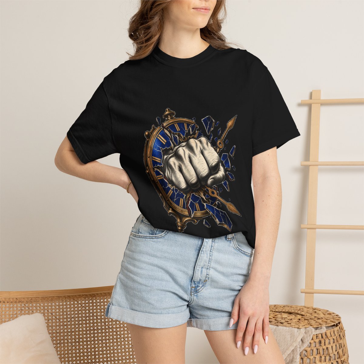 Punch the Clock Tee worn Printify context view on a Black Comfort Colors 1717 tee