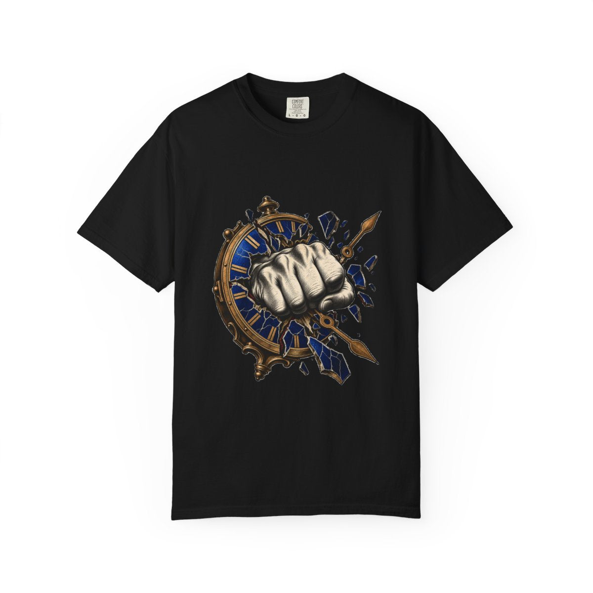 Punch the Clock Tee large front print on a Black Comfort Colors 1717 tee