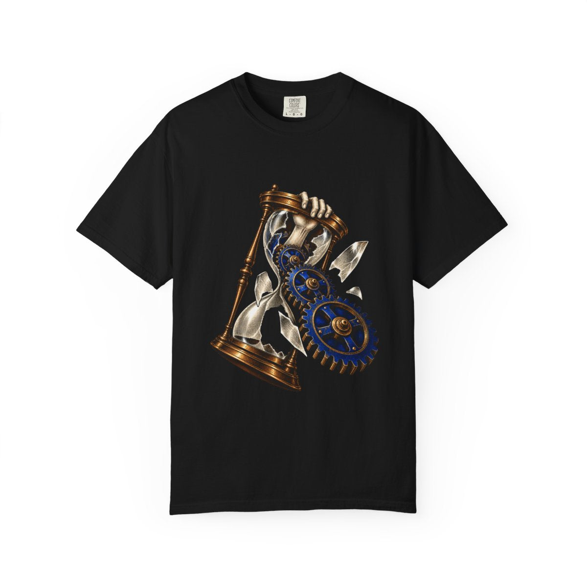 Shattered Hourglass Tee large front print on a Black Comfort Colors 1717 tee