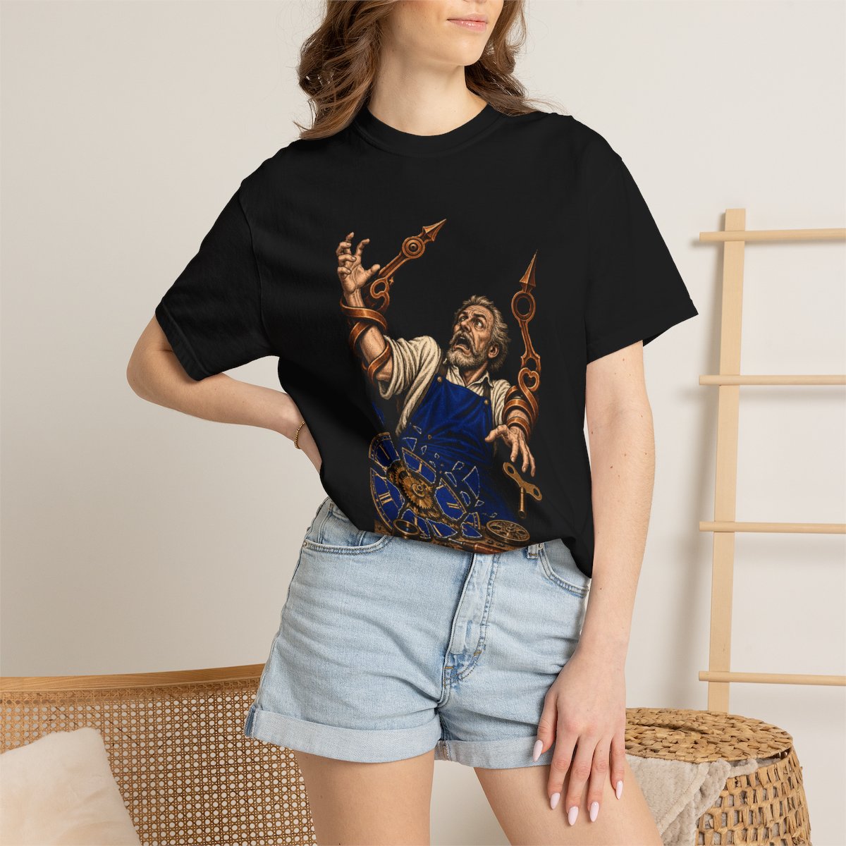 Watchmaker's Trap Tee worn Printify context view on a Black Comfort Colors 1717 tee
