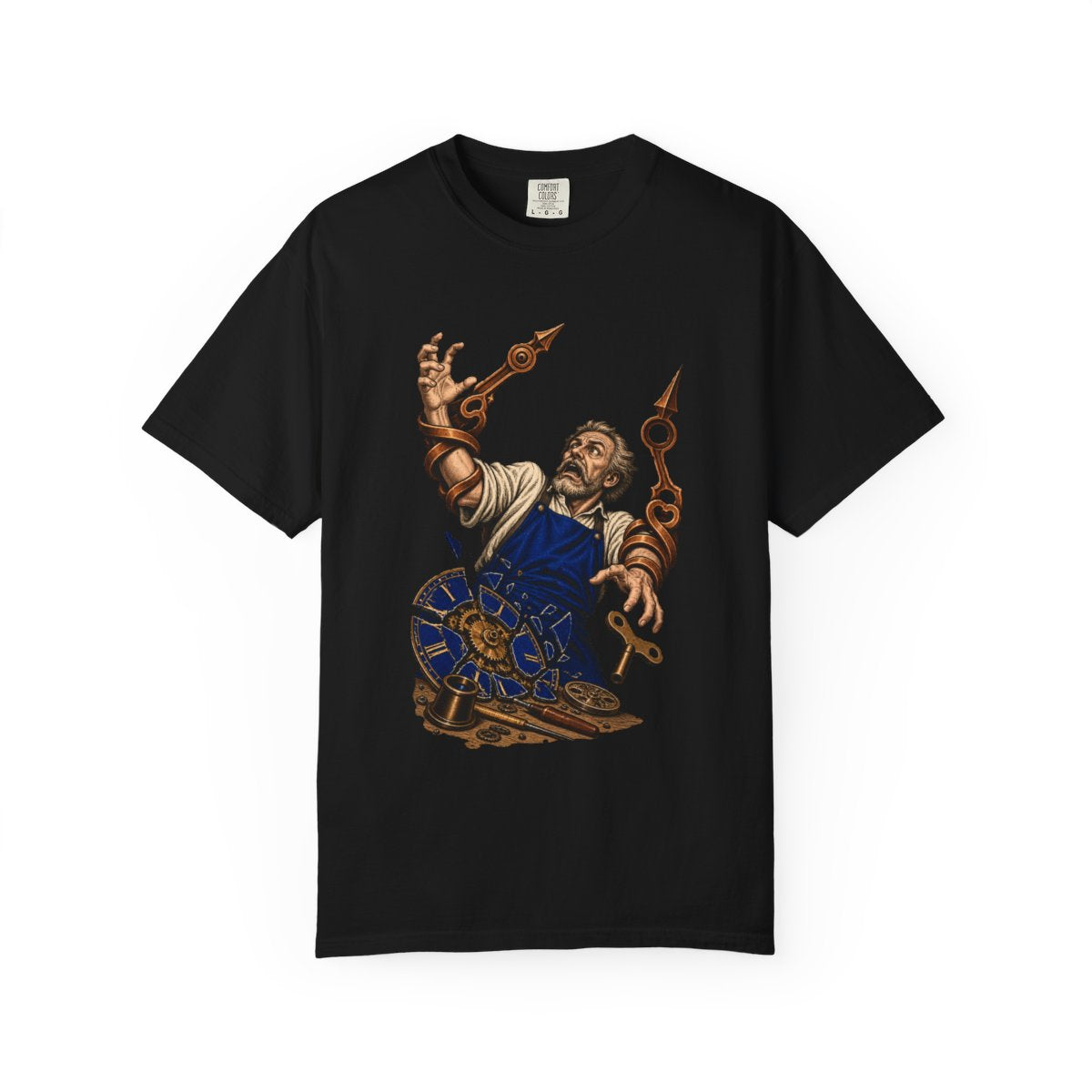 Watchmaker's Trap Tee large front print on a Black Comfort Colors 1717 tee