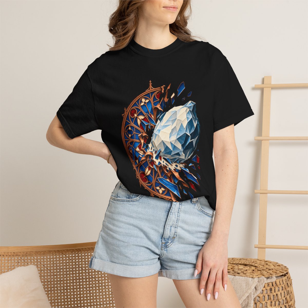 Hail Hits Glass Tee worn Printify context view on a Black Comfort Colors 1717 tee