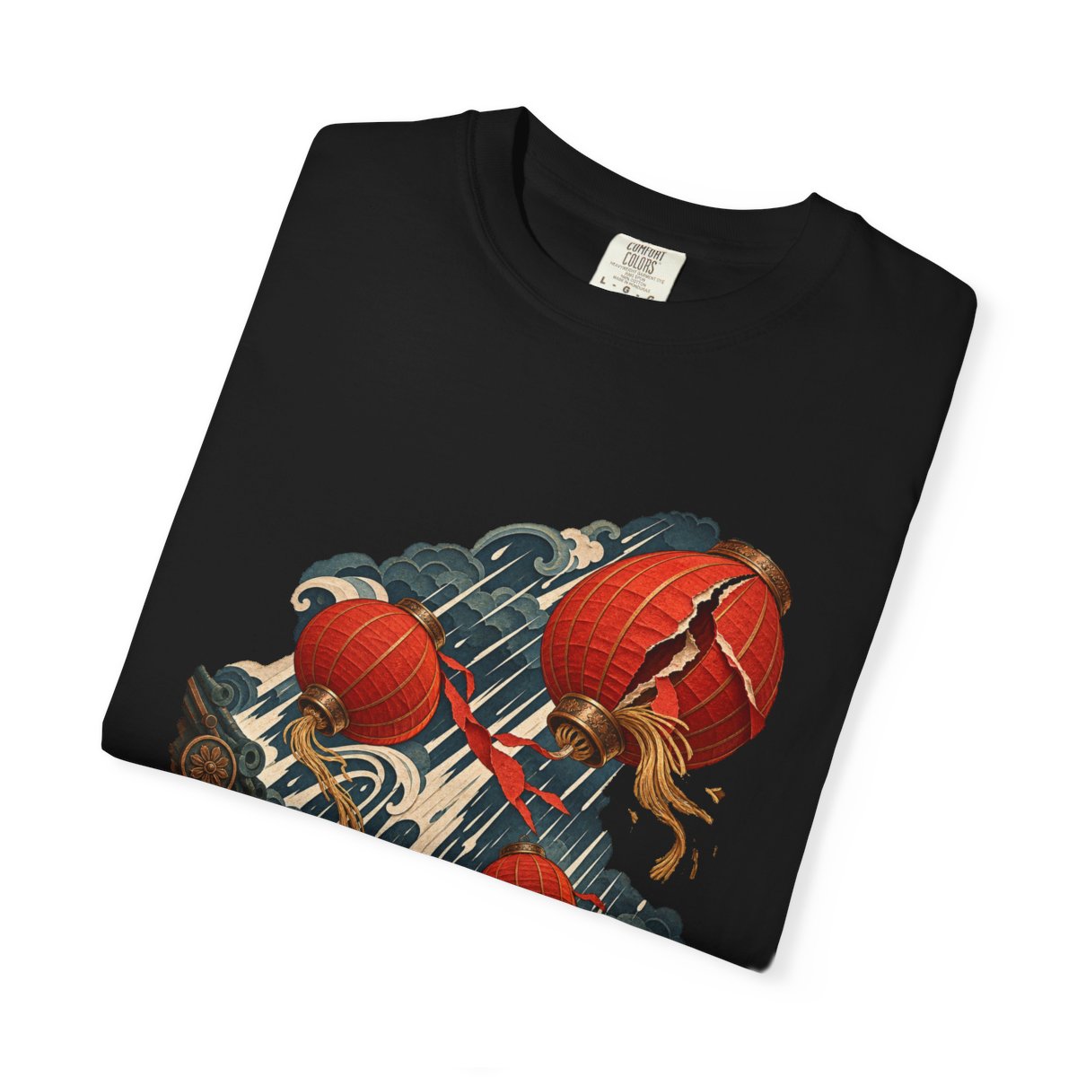 Lanterns in Flight Tee folded front print detail