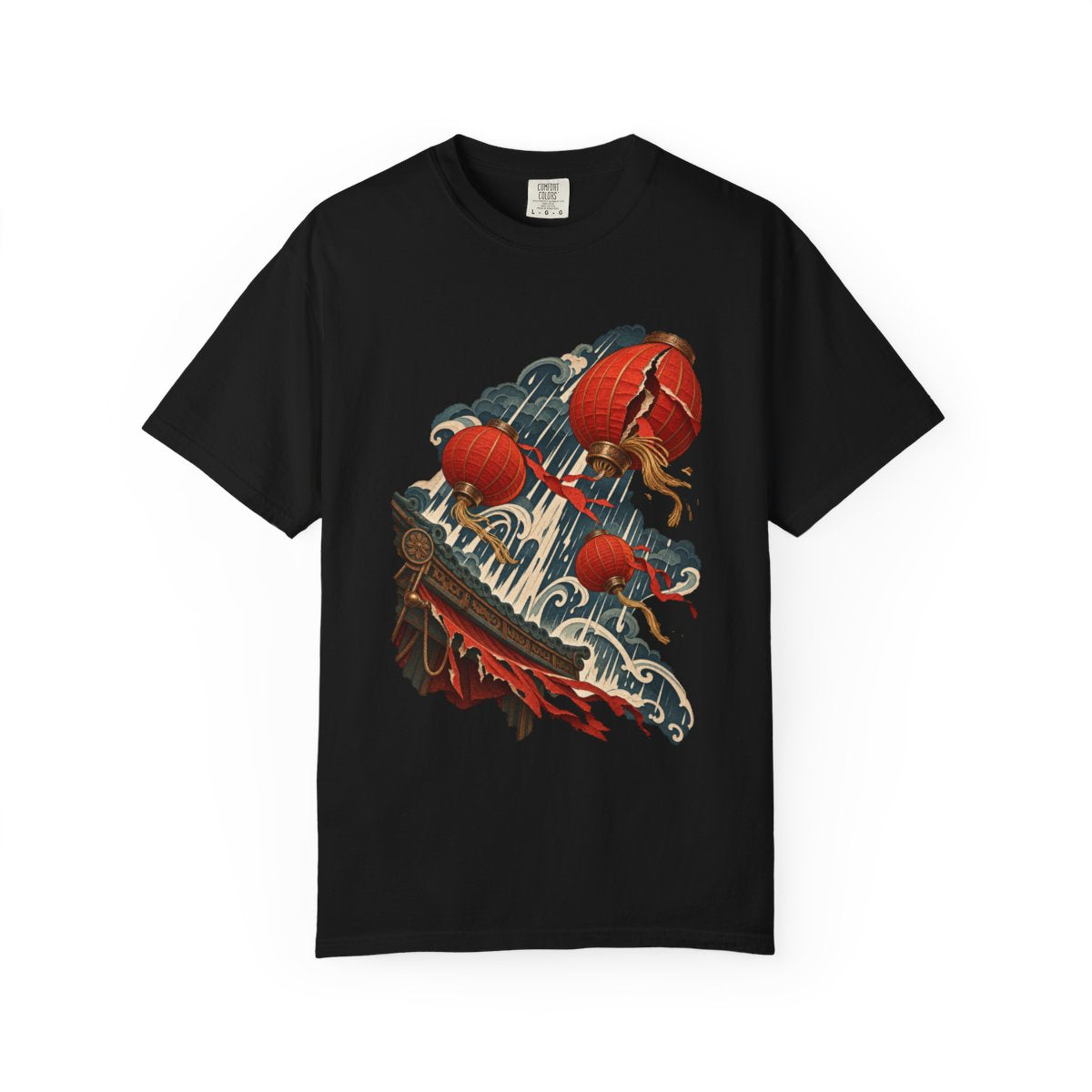 Lanterns in Flight Tee large front print on a Black Comfort Colors 1717 tee