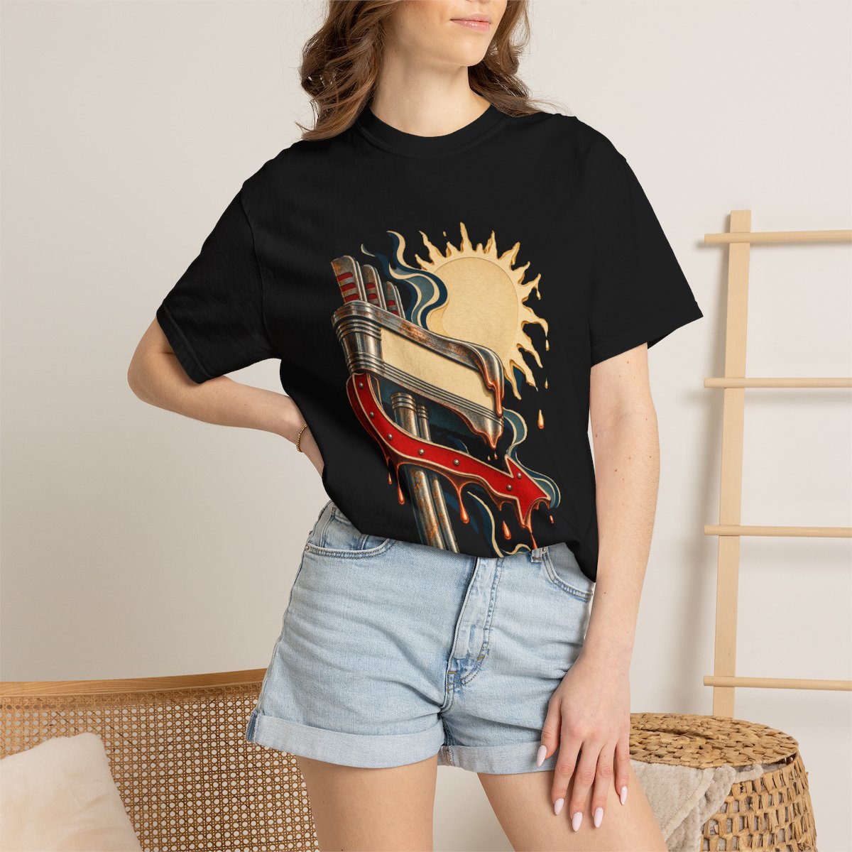Melted Arrow Tee worn Printify context view on a Black Comfort Colors 1717 tee