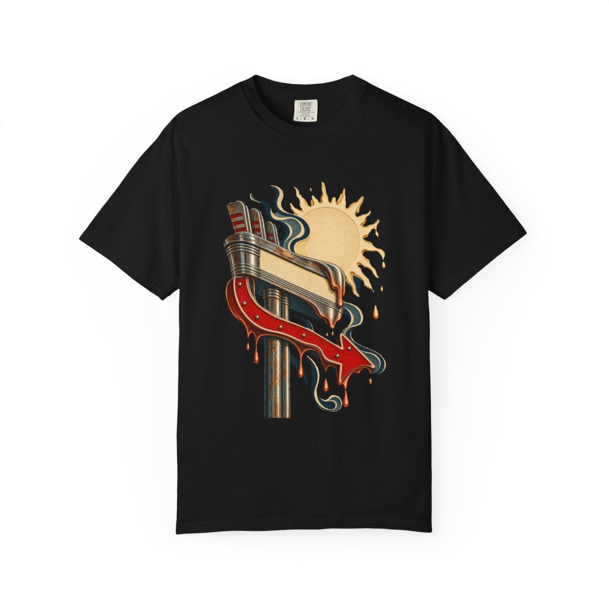 Melted Arrow Tee large front print on a Black Comfort Colors 1717 tee