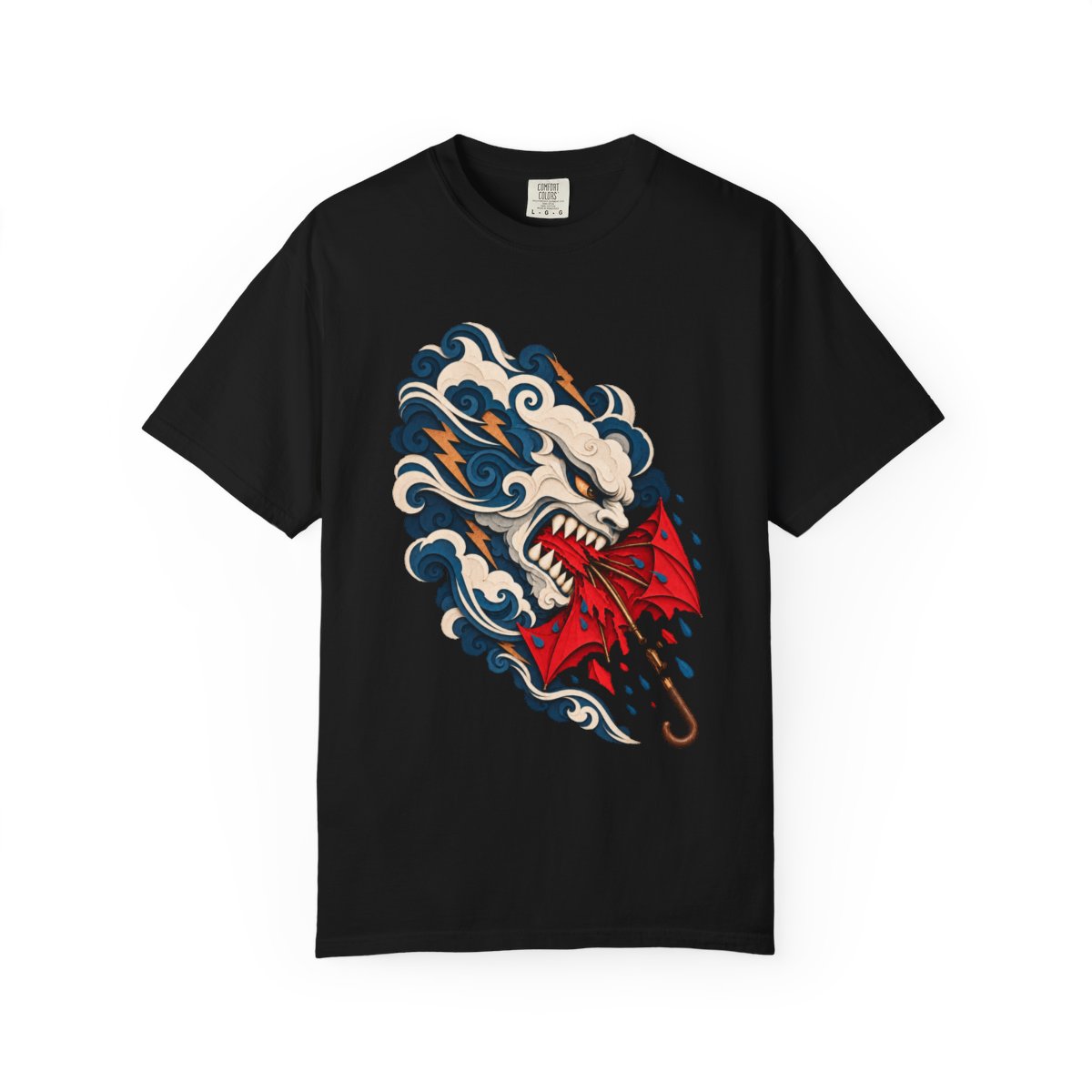 Umbrella Eater Tee large front print on a Black Comfort Colors 1717 tee