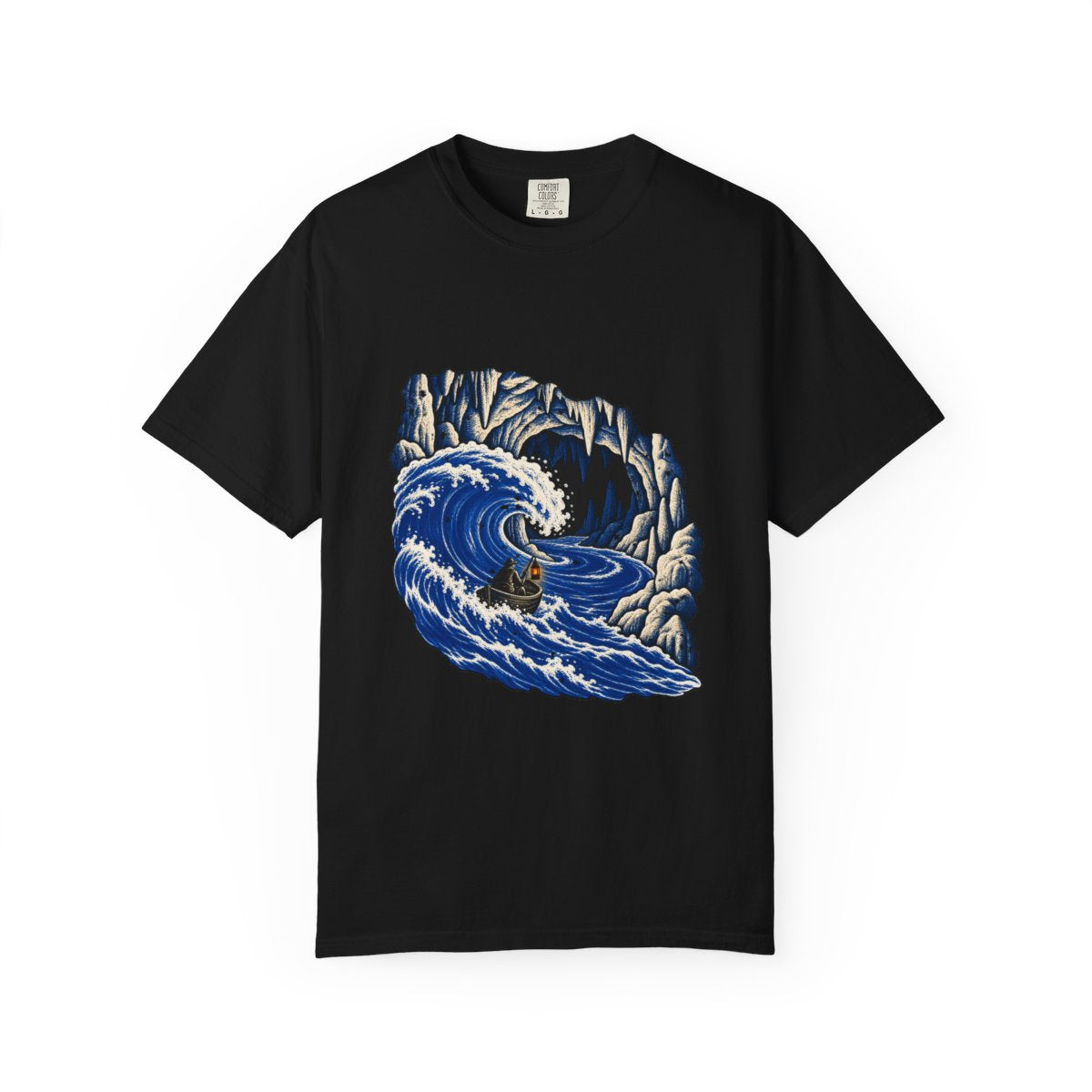 Cavern Current Tee large front print on a Black Comfort Colors 1717 tee