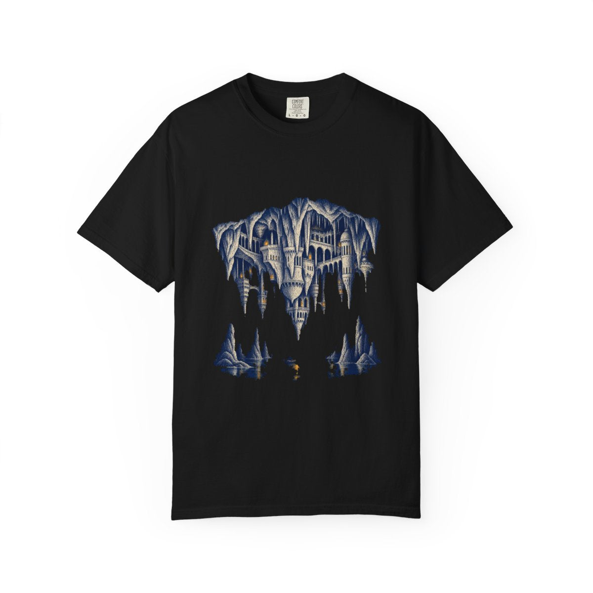 City Under Stone Tee large front print on a Black Comfort Colors 1717 tee