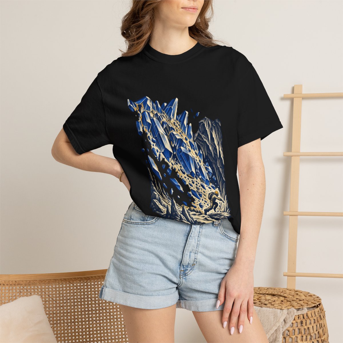 Crystal Avalanche Tee worn Printify context view on a Black Comfort Colors 1717 tee
