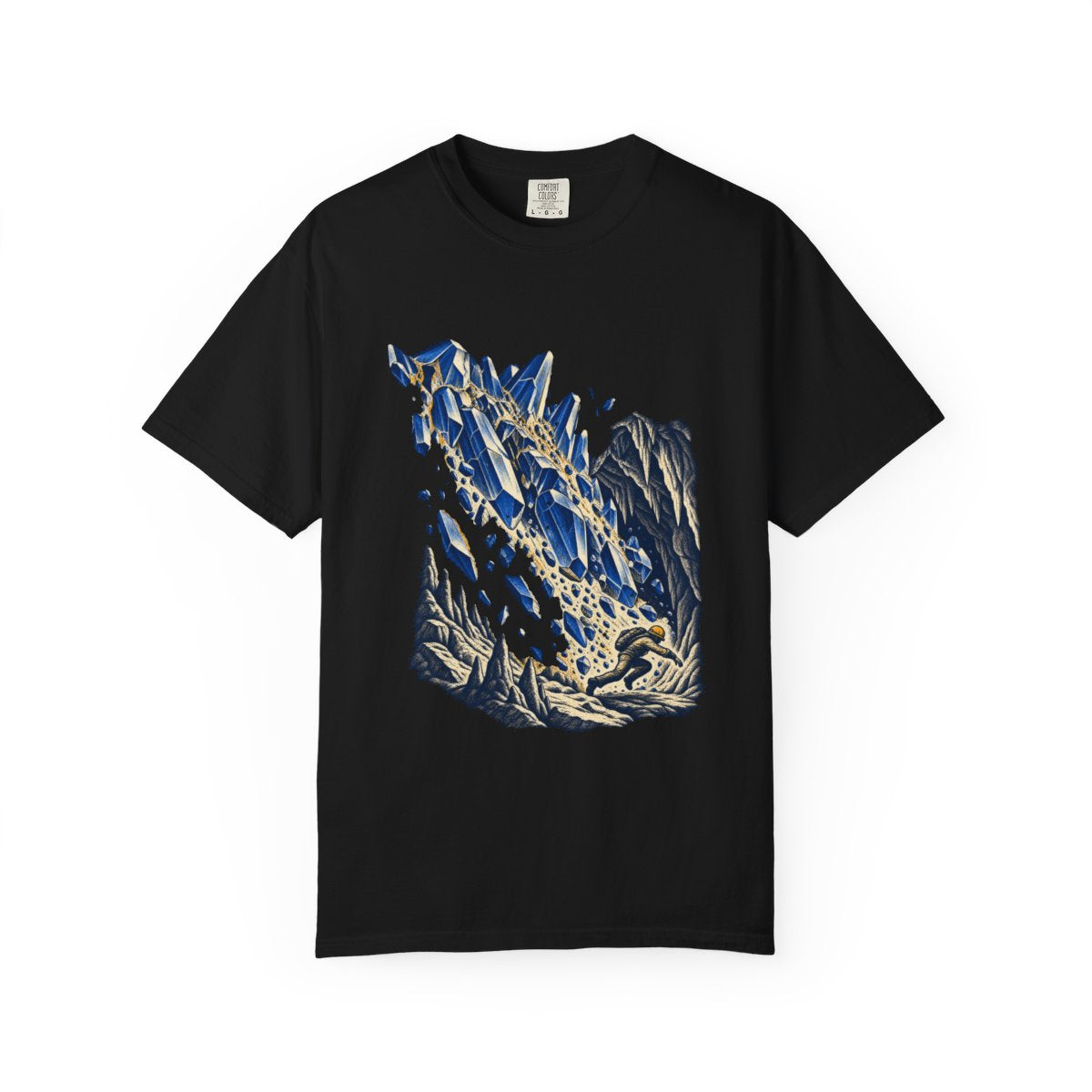 Crystal Avalanche Tee large front print on a Black Comfort Colors 1717 tee