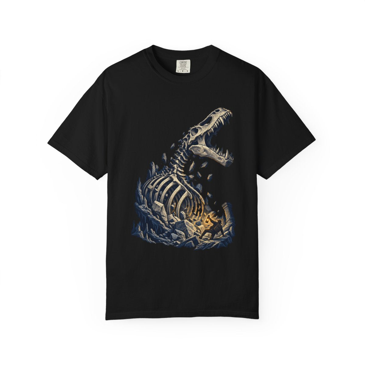 Fossil Rising Tee large front print on a Black Comfort Colors 1717 tee