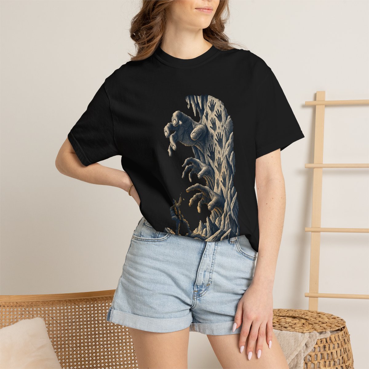 Hands in Stone Tee worn Printify context view on a Black Comfort Colors 1717 tee