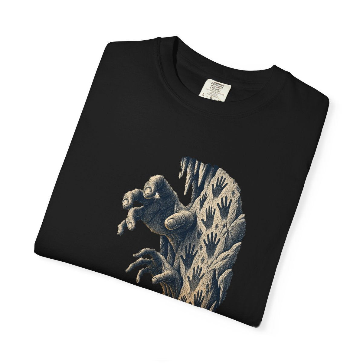 Hands in Stone Tee folded front print detail
