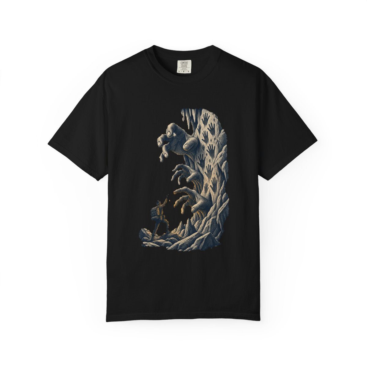 Hands in Stone Tee large front print on a Black Comfort Colors 1717 tee