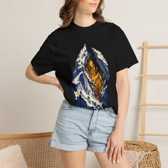 Mountain Split Tee worn Printify context view on a Black Comfort Colors 1717 tee